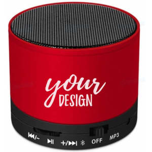 A red portable wireless speaker with controls and a logo, featuring a mesh top for sound output.