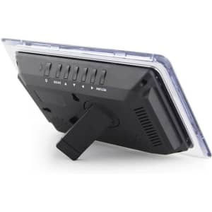 A 7-inch acrylic LED digital photo frame, featuring a black back with controls and a fold-out stand.