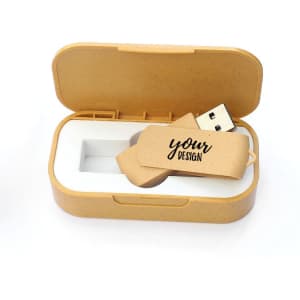 An 8GB wheat straw USB flash drive in a tan case with a branding tag, featuring a clean and minimal design.