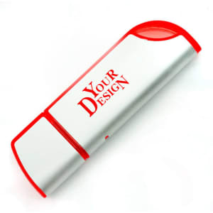 A knife-shaped USB flash drive in silver and red, featuring a branding area.