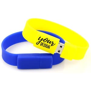 A blue and yellow silicone wristband featuring a USB flash drive. Includes a logo on the design.