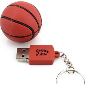A red basketball-shaped USB flash drive with a silver connector and a keychain attachment.