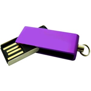 A purple rotatable USB flash drive with a removable section revealing the USB connector and a keyring attachment.