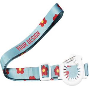 A drink bottle holder lanyard in blue with a floral pattern and a white attachment for securing the bottle.