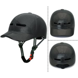A black cycling helmet styled like a baseball cap, featuring ventilation holes and a chin strap.