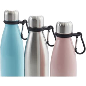 A drink bottle carrier with a carabiner, featuring blue, stainless steel, and pink bottles. It has a logo.
