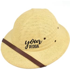 A straw pith helmet in a light tan colour, featuring a brown band and an area for custom designs.