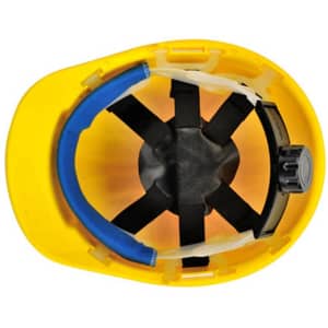 A yellow ABS safety helmet featuring an adjustable inner harness and cushioning for comfort. It includes a logo inside.