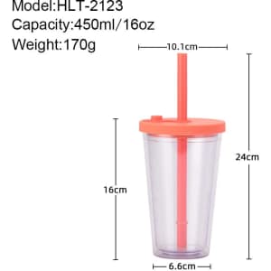 A drink bottle with a clear body, orange lid, and straw; 16oz capacity and includes a logo.