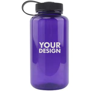 A drink bottle in vibrant purple with a black cap and handle, featuring a blank area for custom design.