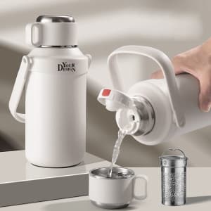 A drink bottle and cup in white, featuring a handle, spout, and a removable strainer for easy pouring.