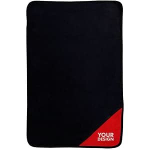 A black microfiber sports towel with a red corner and a logo, featuring a zipper pocket.