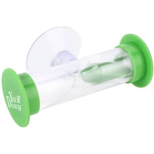 A green four-minute sand timer with a transparent tube and a cap at each end. It features a logo.