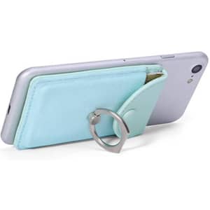A light blue phone credit card holder with a ring attached to a smartphone, featuring a sleek design.