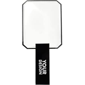 Acrylic handheld mirror with a black handle and an octagonal reflective surface. Features a branding area.