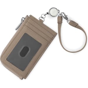 A tan business card holder wallet with a wrist strap, featuring card slots and a clear ID window.
