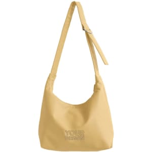 A yellow PU casual crossbody bag with a single shoulder strap and a branding logo on the front.