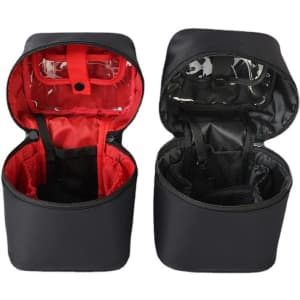A portable barrel-shaped cosmetic bag in black with red interior compartments and transparent sections for storage.