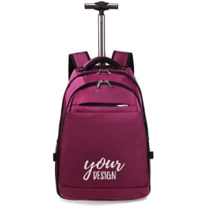 A maroon wheeled laptop travel suitcase with a handle and a logo, featuring backpack-style straps and multiple compartments.