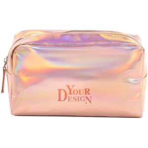 A holographic pink toiletry pouch with a zipper and a logo on the front. Ideal for cosmetics and accessories.
