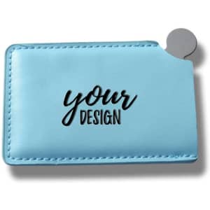 A mini cosmetic mirror with a light blue PU case and a metal attachment, featuring a personalised design area.