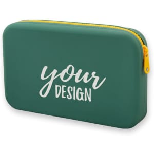 A green silicone travel cosmetic bag with a yellow zipper, featuring a design on the front and a logo.