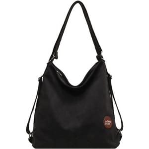 A black canvas tote bag with a shoulder strap and a logo is featured in the image.