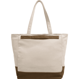 A canvas tote bag with a zipper in beige and brown, featuring long handles and a brand logo.