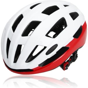 A white and red mountain bike helmet featuring ventilation slots and a secure adjustable strap. It includes a logo.