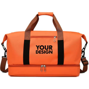 An orange duffle bag features sturdy handles, a shoulder strap, and a logo area, ideal for travel use.