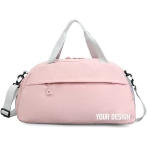 A pink duffle bag with a white strap and a logo, featuring a zippered front pocket and a compartment for shoes.