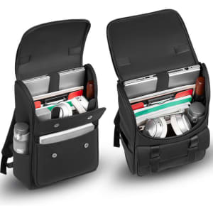 A large black laptop backpack with multiple compartments for a laptop, headphones, and additional accessories.
