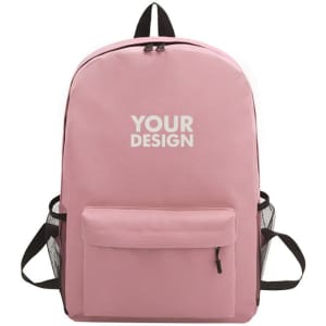 A pink unisex school backpack featuring a front pocket and mesh side pockets, with a logo displayed.