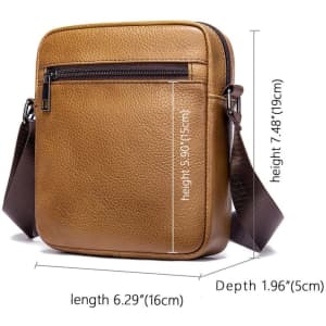 A small leather crossbody bag in brown with a shoulder strap and front zip pocket, featuring dimensions indicated.