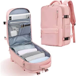 A pink travel laptop backpack with multiple compartments and a USB port, featuring a sleek design and a logo.