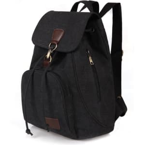 A grey canvas drawstring backpack featuring a flap closure, a front pocket, and adjustable straps. It has a logo on it.