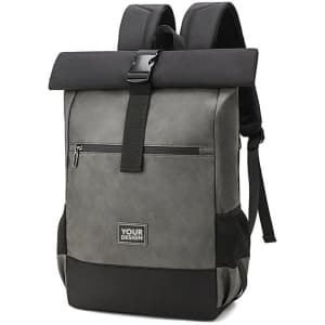 A grey expandable roll top backpack with adjustable straps, side mesh pockets, and a front zip pocket.