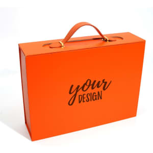 An orange custom gift box with a handle, featuring a smart design and sturdy construction.