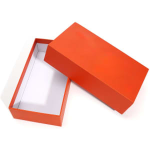 An orange custom paper box with a lid, featuring a clean white interior and a smooth finish.