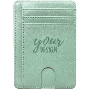 A mint green RFID card holder with an ID window and multiple card slots, featuring a logo.
