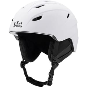 A white custom ski helmet with a black interior and adjustable chin strap. Features a logo branding on the front.