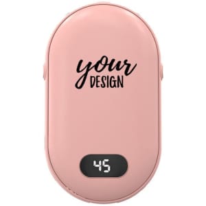 A pink digital charging hand warmer with a display screen showing the temperature and a space for custom design.