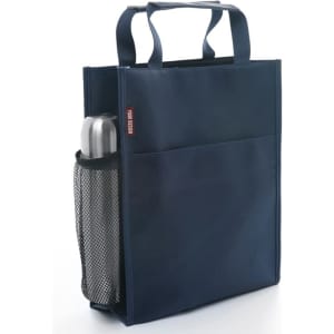 A navy document holder with two handles and a side mesh pocket for a drink bottle. Features branding on the front.