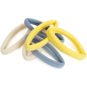 Soft hair ties in blue, yellow, and cream colours, arranged into a stack. Includes a logo.
