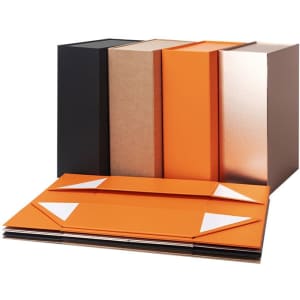 A selection of custom foldable paper gift packaging boxes in black, brown, orange, and metallic finishes.