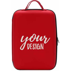 A drink bottle travel bag in red with a logo, featuring a zippered closure and a handle.