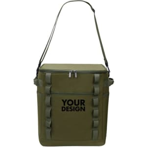 A green double layer insulated picnic bag with adjustable shoulder strap and branding on the front.