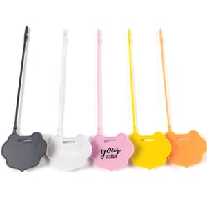 A selection of five plastic tamper security seals in black, white, pink, clear, and yellow, featuring a logo.