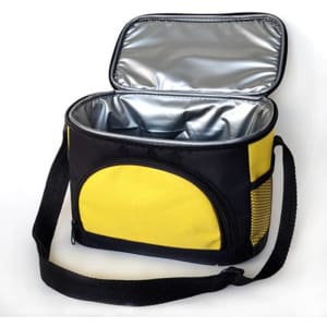 A yellow and black insulated lunch bag with a zippered closure and an adjustable strap. It has a silver interior.