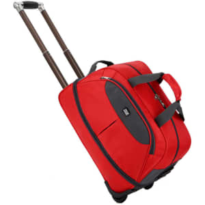 A large capacity wheeled suitcase in bright red with retractable handles and a side pocket. It has a logo branding.